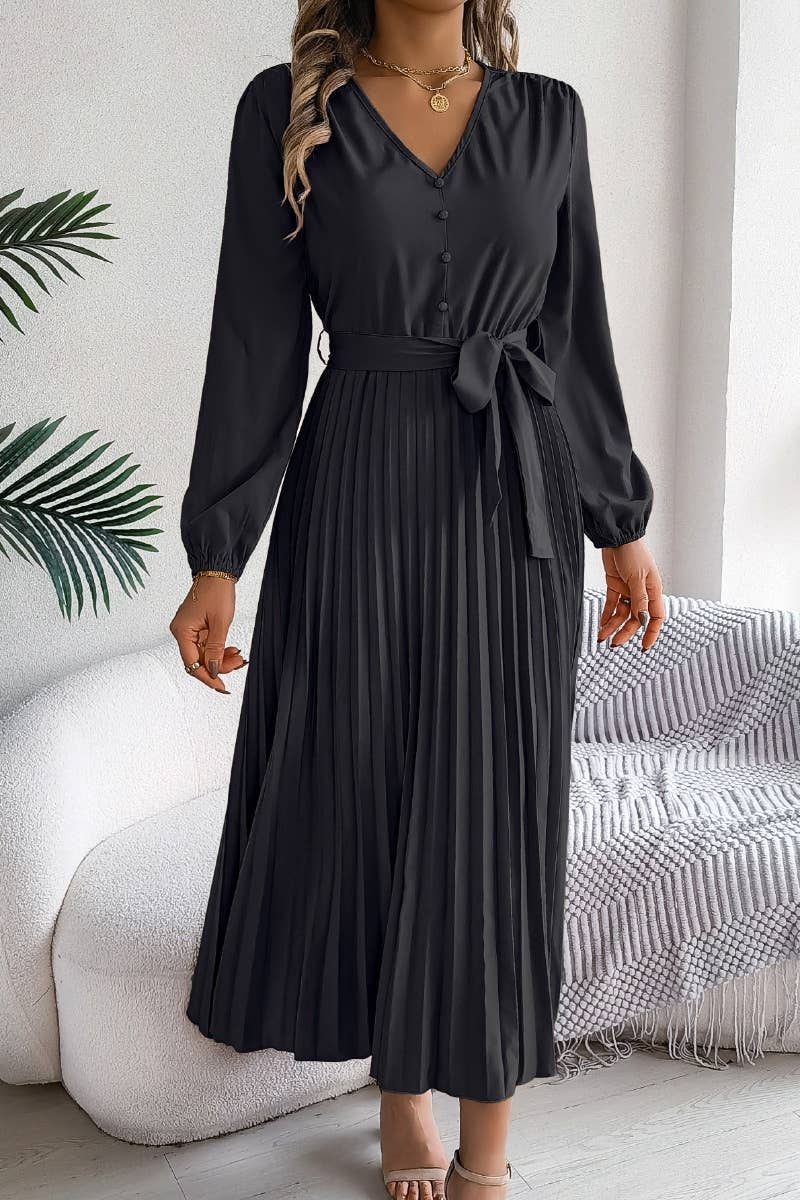 CWDMD3479_V-NECK LONG SLEEVE LACE-UP PLEATED DRESS LONG
