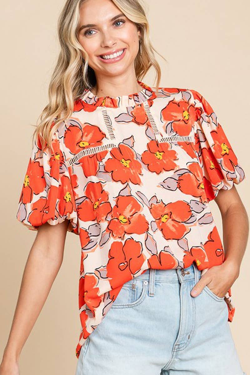CWTBLS1376_ROUND NECK FLORAL PRINT SHORT-SLEEVED CASUAL TOP