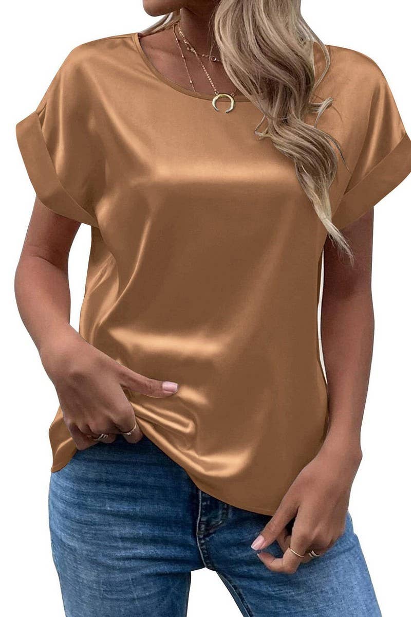 CWTBLS1775_SATIN ROUND NECK LOOSE SHORT-SLEEVED TOP