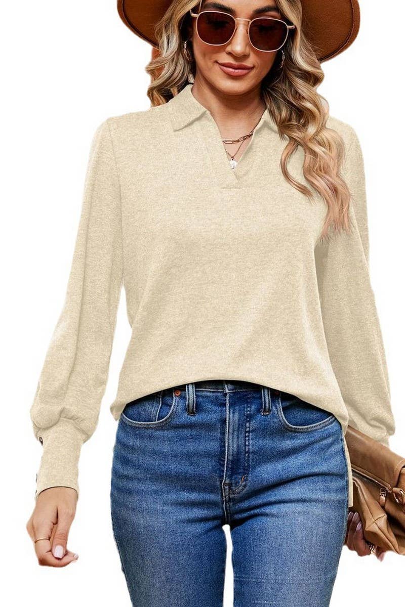 CWTBLL2398_SOLID COLOR POLO NECK LONG SLEEVE BUTTON PULLOVER