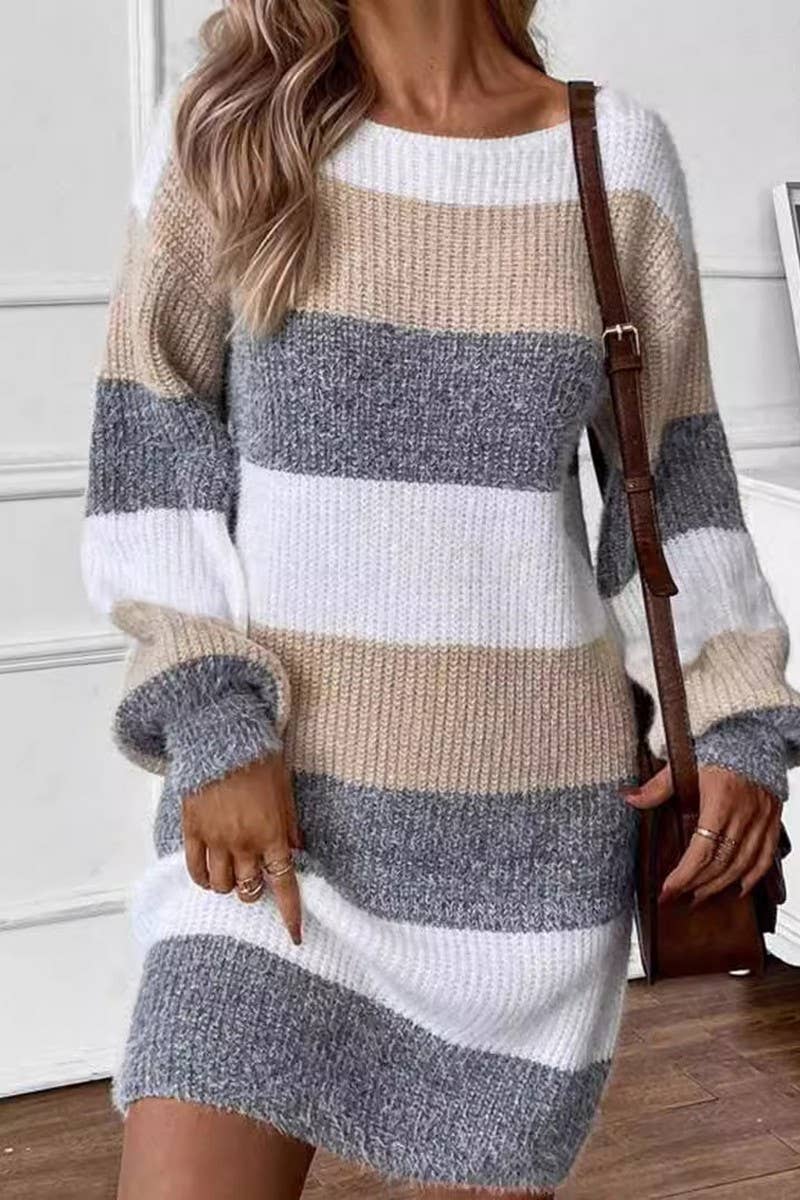 CWDSD10880_ROUND NECK COLORBLOCK STRIPED KNIT DRESS