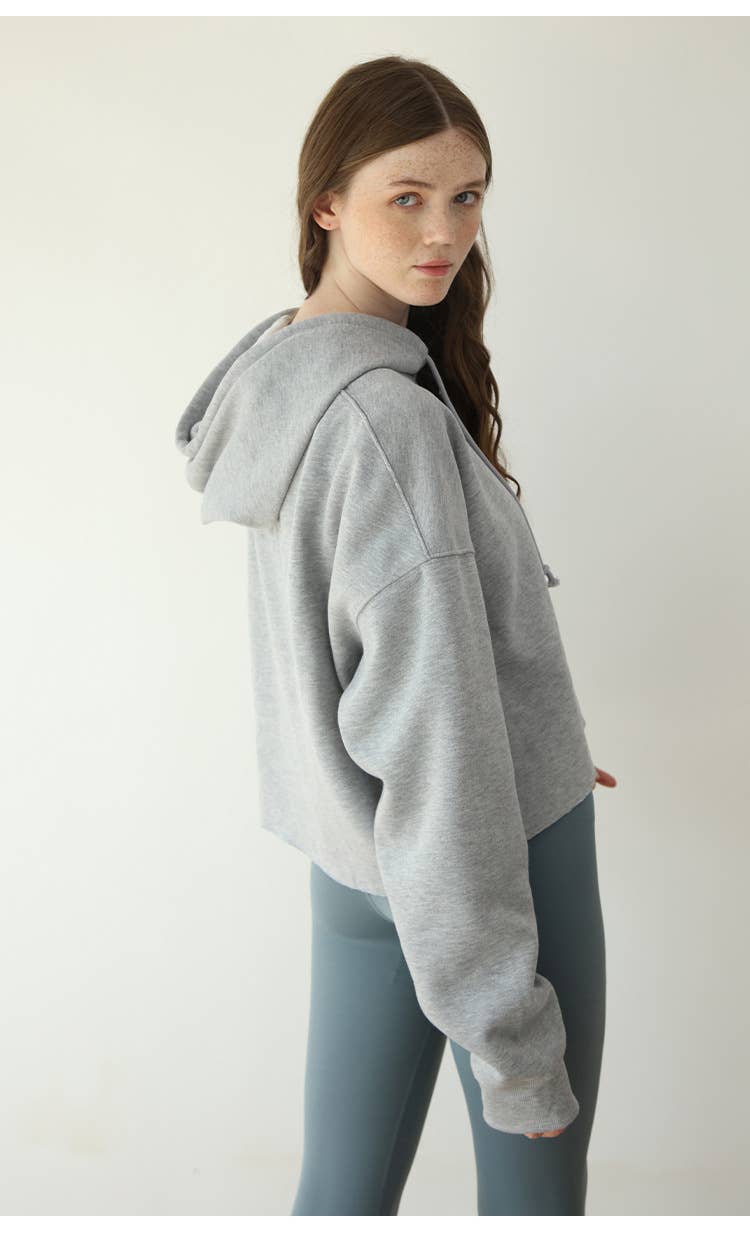 Fleece solid color sporty hooded sweatshirt