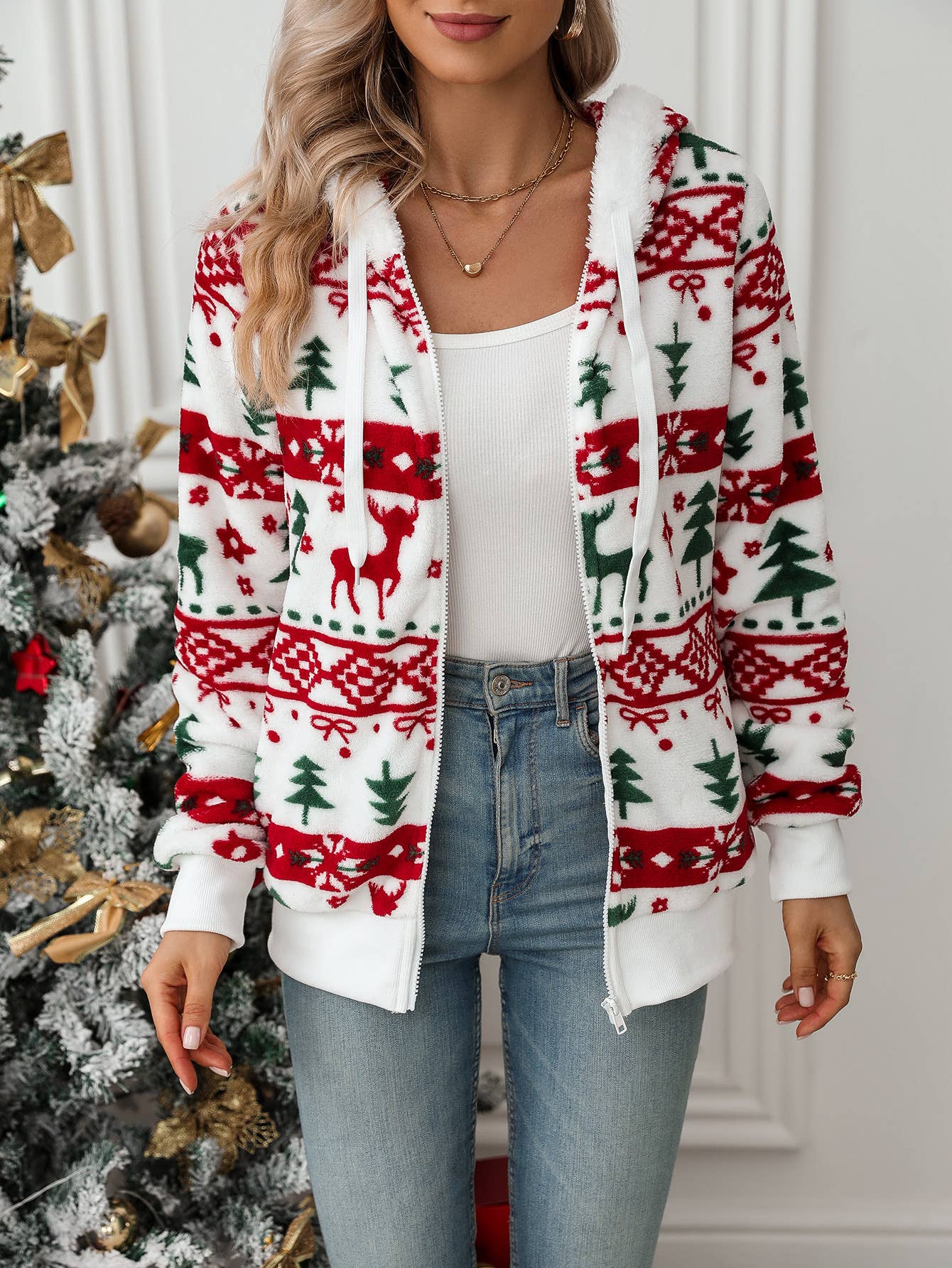 Cardigan Christmas print fleece coat