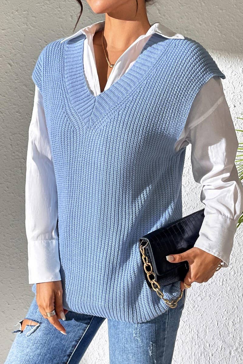 CWOSWL07396_)WOMEN V NECK KNIT SWEATER VEST TOP