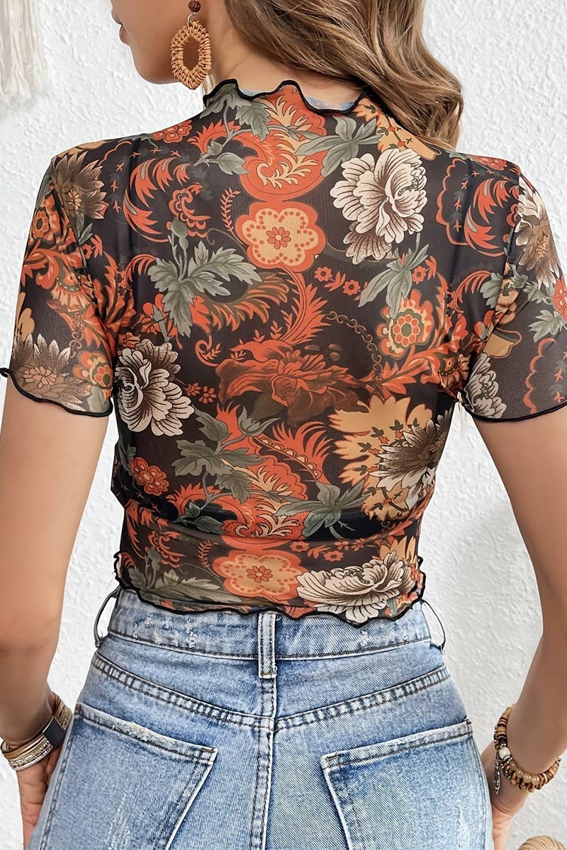 CWTBLS1533_MESH PRINTED RUFFLED SHORT SLEEVE T-SHIRT TOP