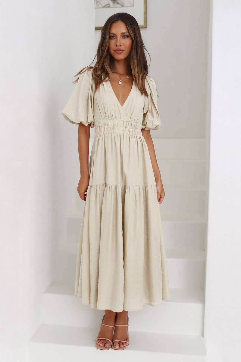 CWDSD8159_LANTERN SLEEVE TIERED FLARE MIDI DRESS