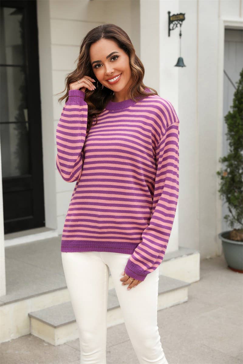 CWOSWL1689_Crew Neck Long Sleeve Striped Pullover Sweater