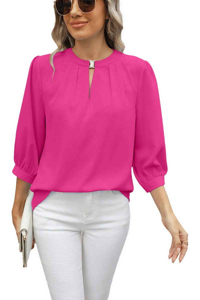 CWTBLL3673_KEYHOLE V NECK 3/4 SLEEVE LOOSE CHIFFON TOP