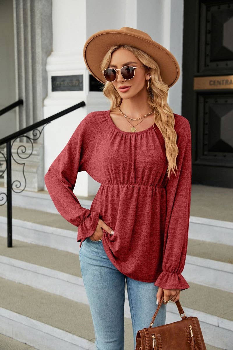 CWTBLL2828_FALL CREW NECK LONG SLEEVE WAISTBAND TOP