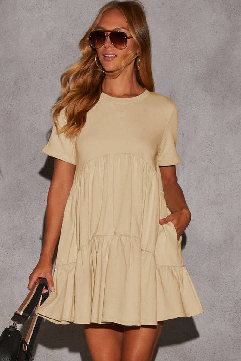 CWDSD7268_ROUND NECK POCKET SHORT SLEEVE PLEATED DRESS