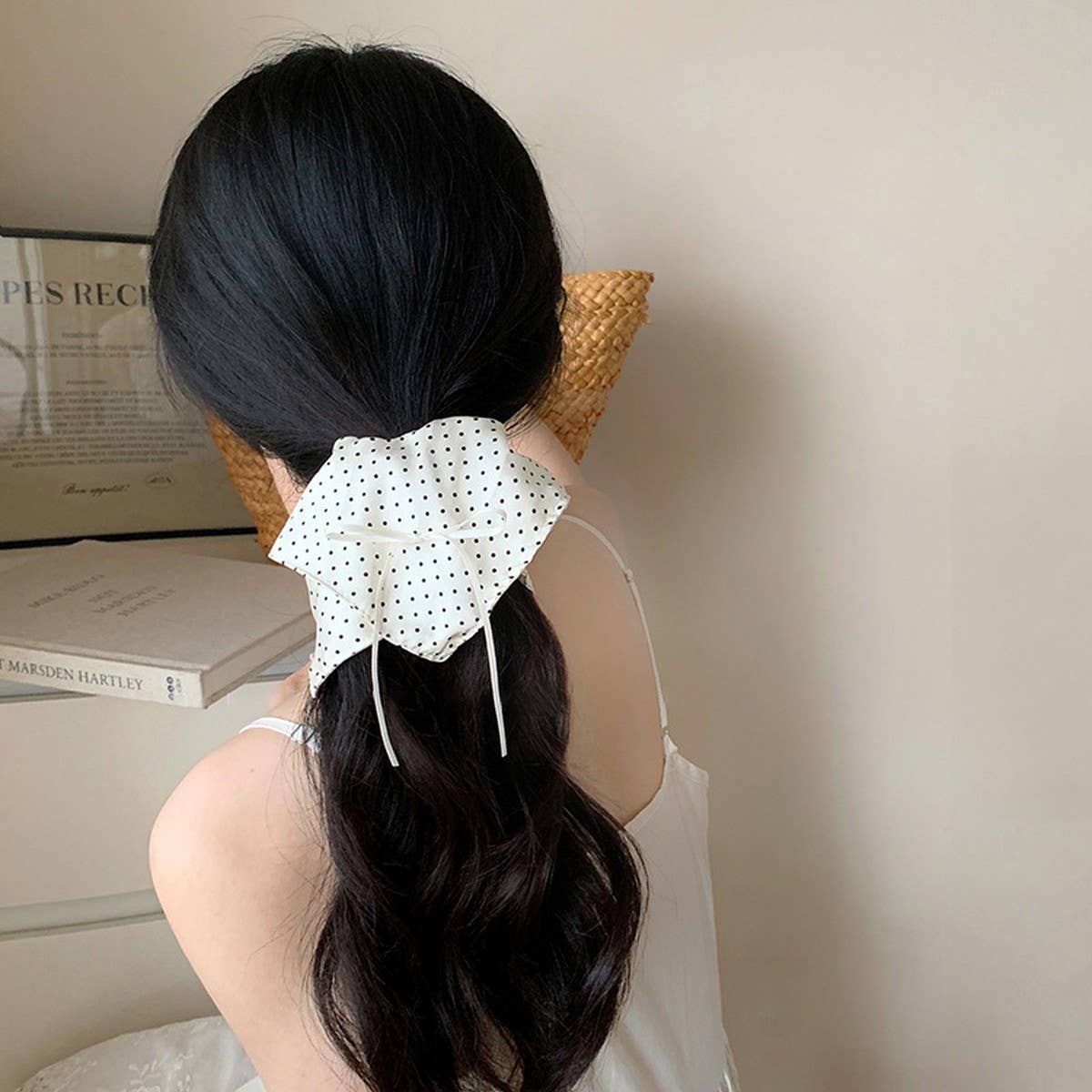 Polka Dot Bow Scrunchie with Ballet Ribbon Tails_CWAHA5515