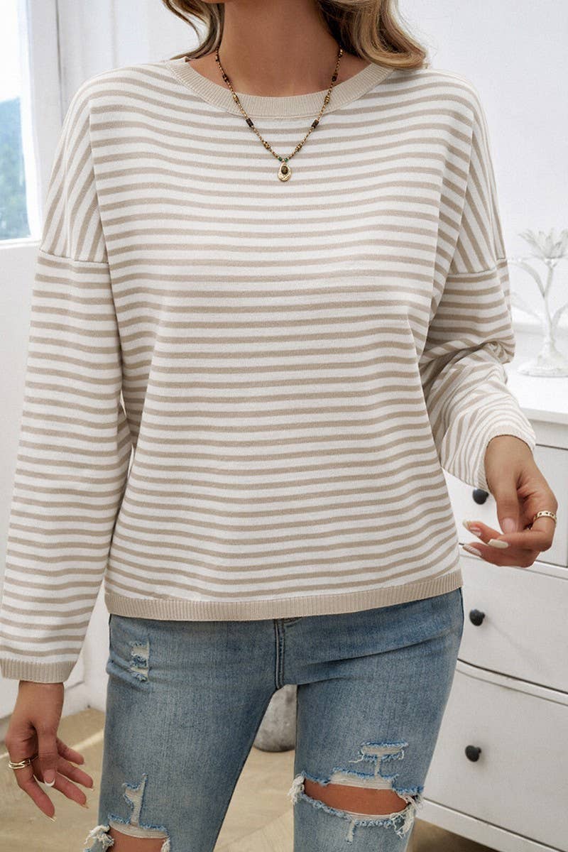 CWOSWL2129_CASUAL ROUND NECK STRIPED KNITTED SWEATER