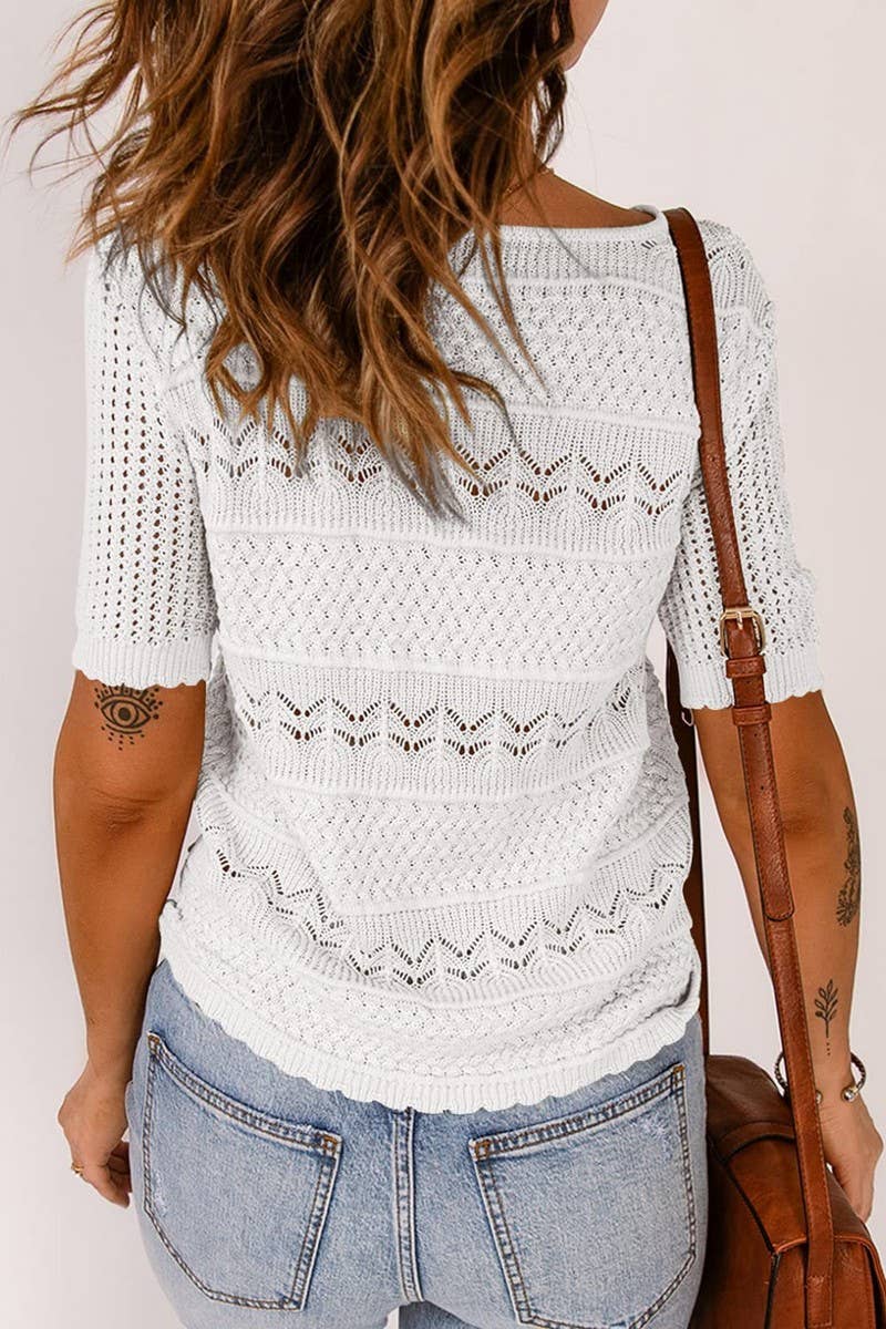 CWOSWS0144_CROCHET HOLLOW OUT KNIT SHORT SLEEVE TOP