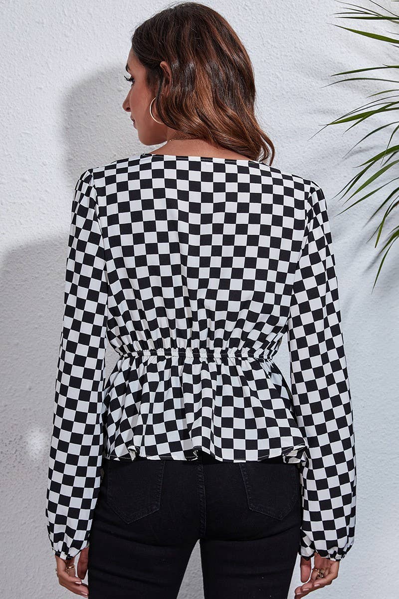 CWTBLL0707_V-Neck Long Sleeve Print Blouse