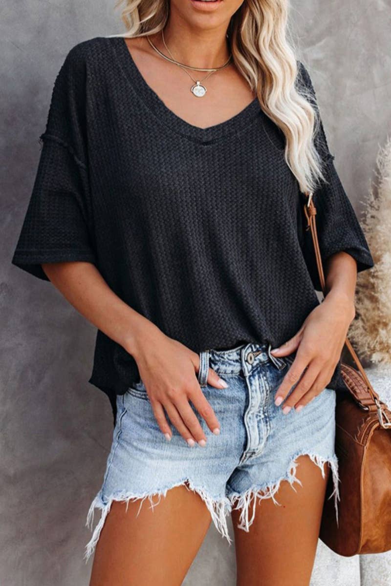 CWOSWS0099_KNIT V-NECK BAT-SLEEVED LOOSE MID-SLEEVED TOP