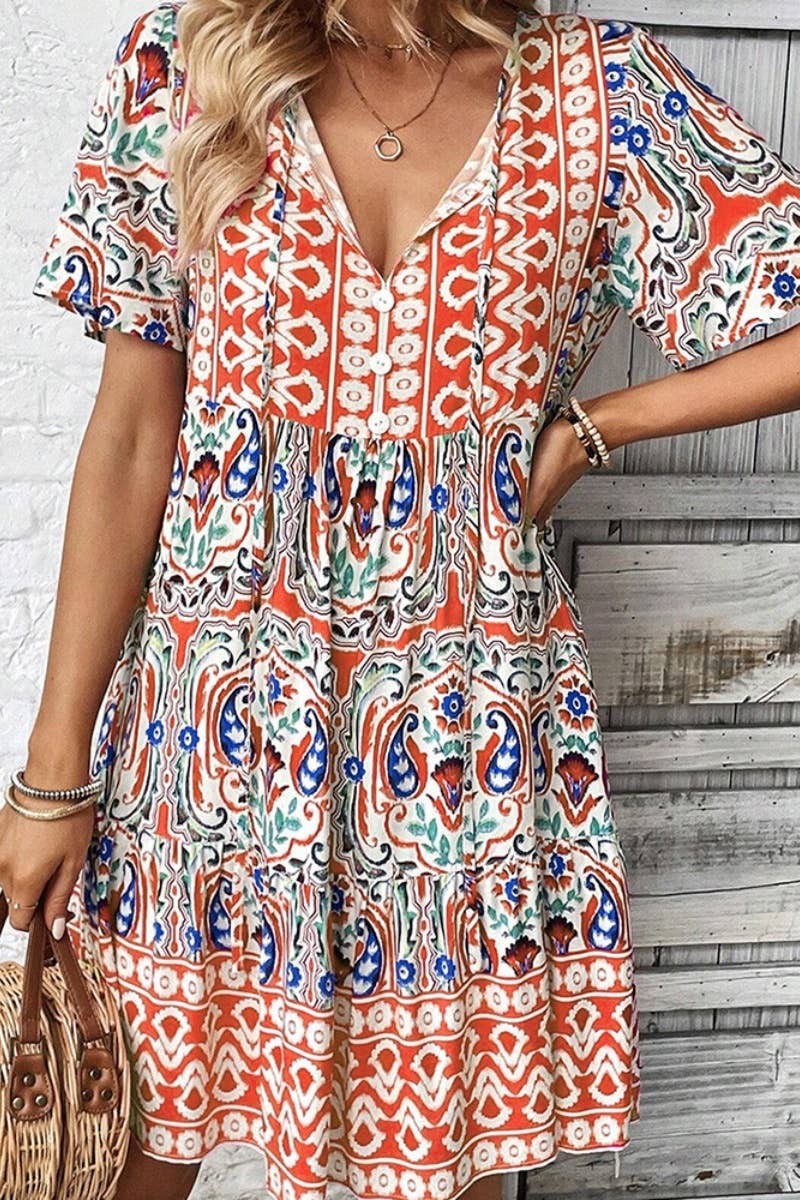 CWDSD4887_V-NECK SHORT SLEEVE BOHO PRINT DRESS SHORT