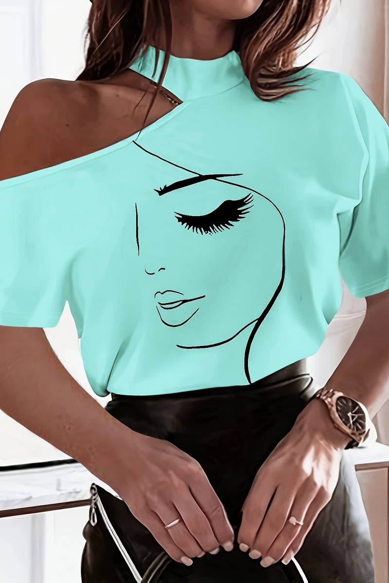 CWTBLS2182_ABSTRACT FACE PRINT COLD SHOULDER MOCK NECK TEE