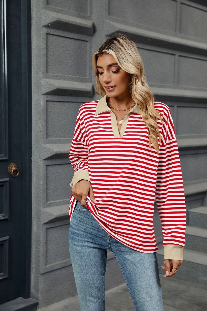 CWTBLL2361_CONTRAST COLOR LAPEL LOOSE STRIPED SWEATSHIRT