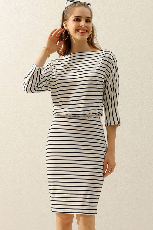 CWDMD803_BOAT NECK LONG SLEEVE DRAWSTRING KNEE MIDI DRESS