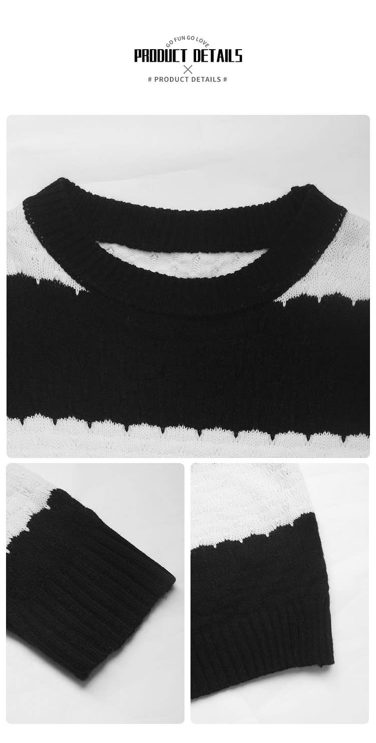 BLACK AND WHITE STRIPED KNIT CREW NECK SWEATER