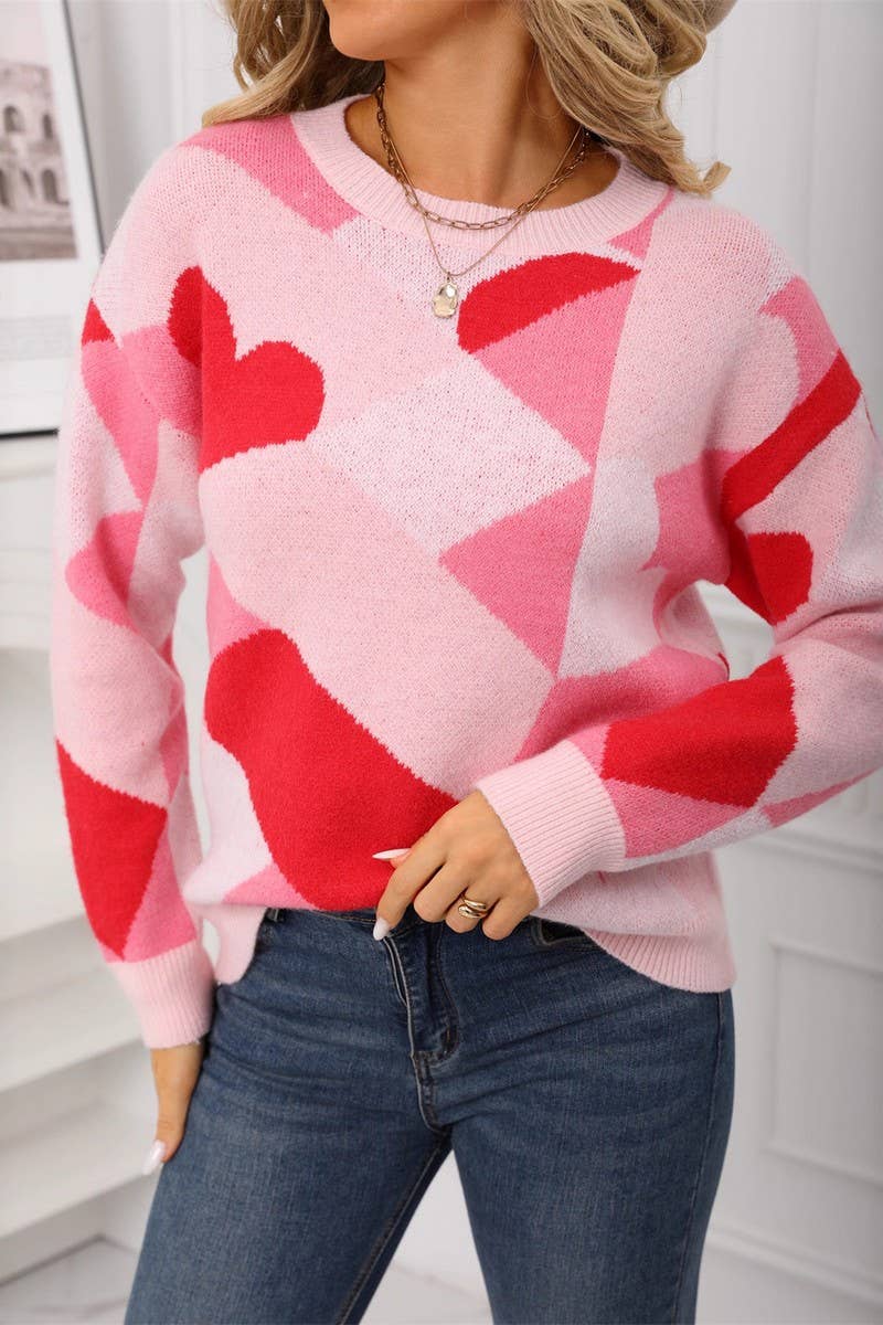 CWOSWL07576_CREW NECK CHECKERBOARD VALENTINE'S DAY SWEATER