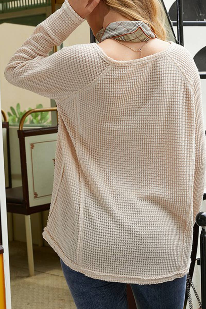 CWTTL1091_LONG SLEEVE V NECK WAFFLE KNIT TOP