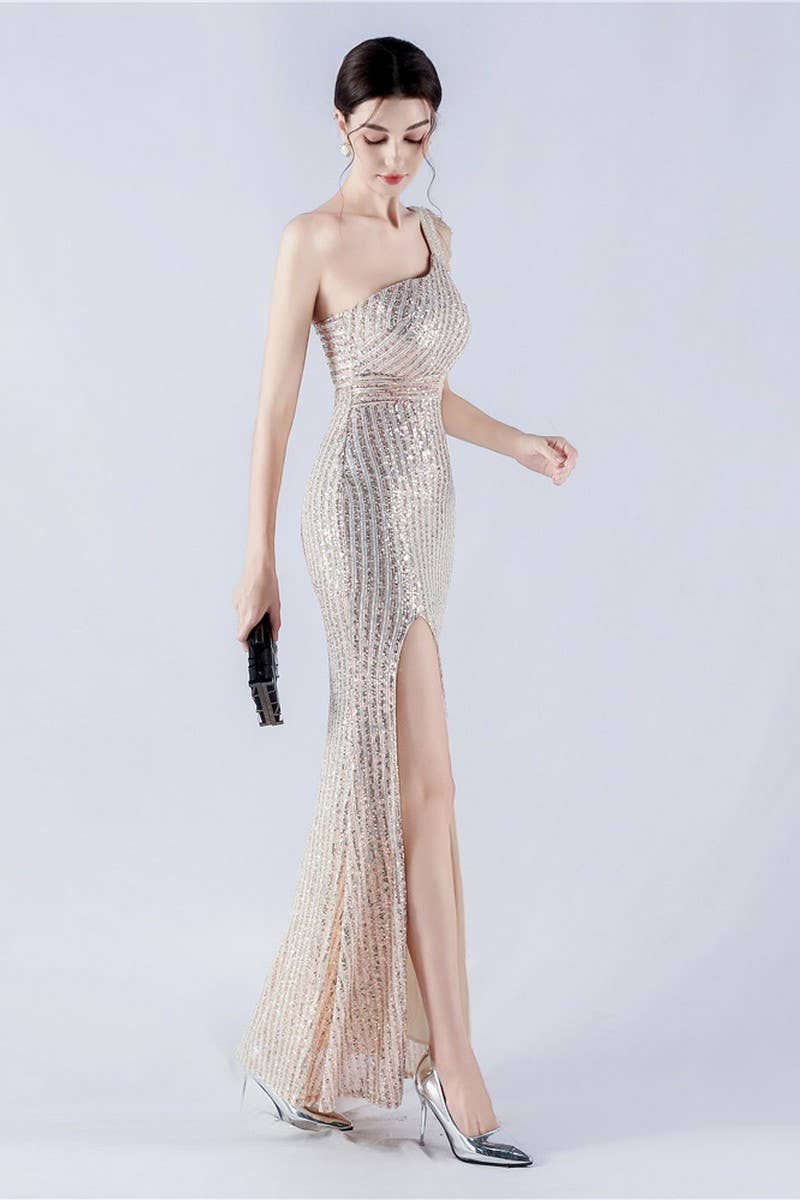 CWDMD4826_ONE-SHOULDER OFF-SHOULDER HIGH-SLIT SEQUINED DRESS