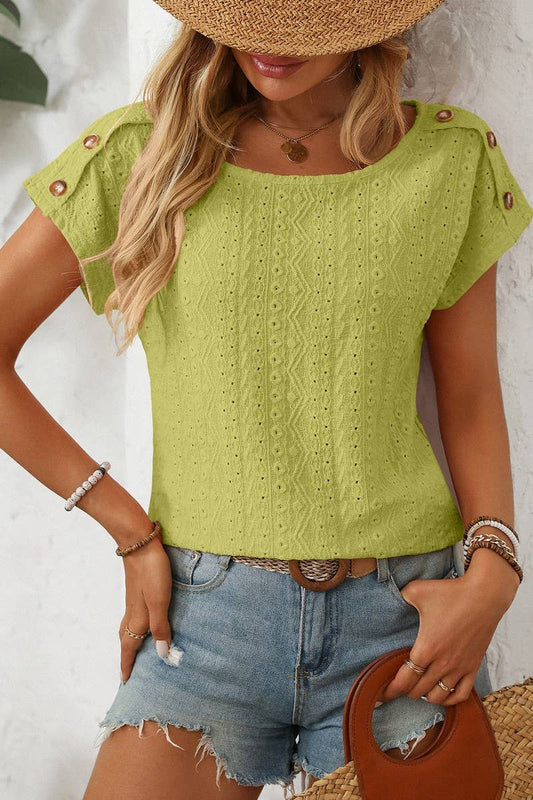 CWTBLS1709_ROUND NECK BUTTON SHORT SLEEVE CUTOUT TOP