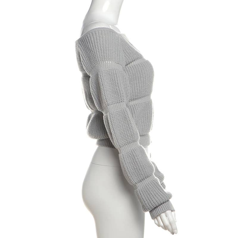 DESIGN SENSE LANTERN SLEEVE SHORT CROP SWEATER