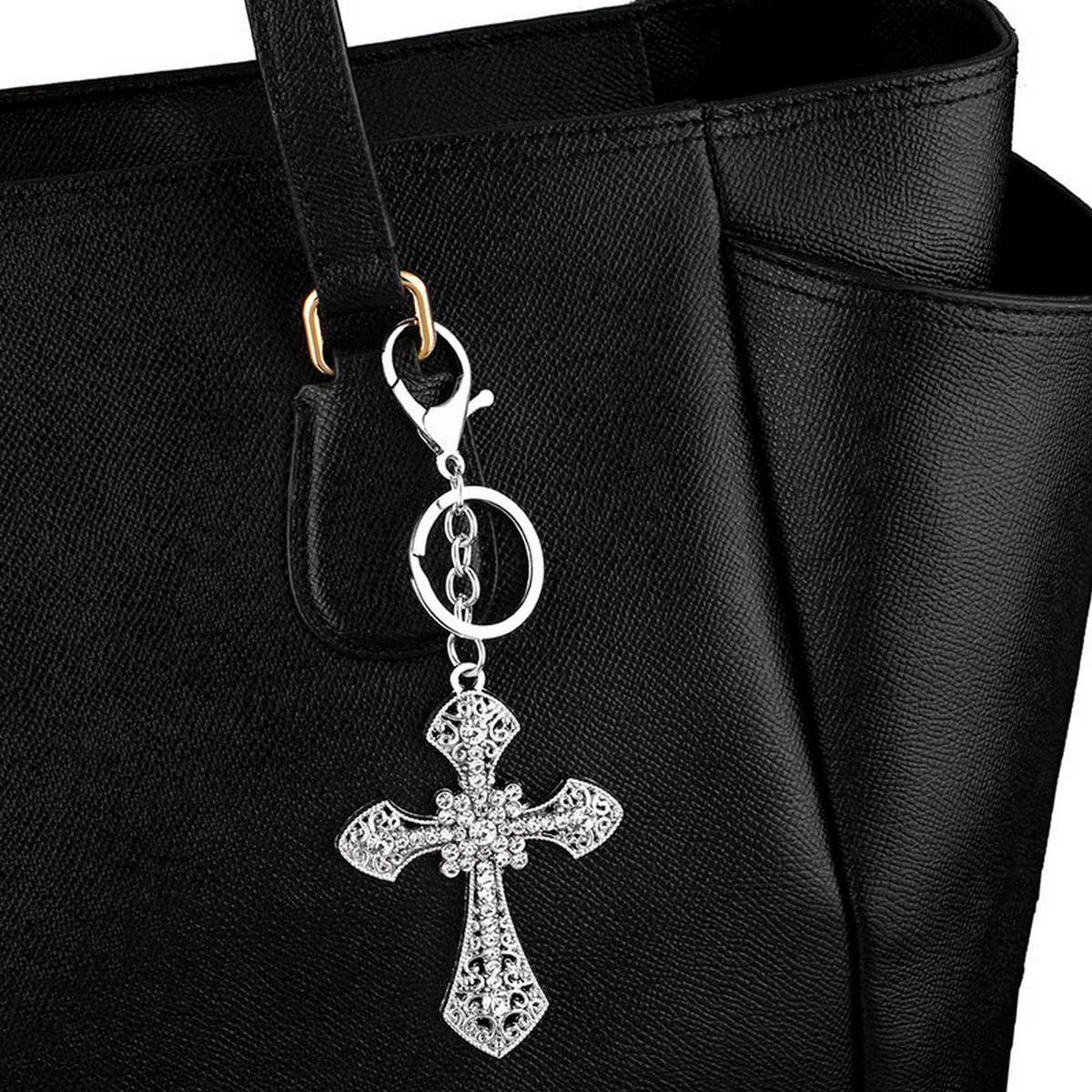 INLAID DIAMOND CROSS METAL KEYCHAIN