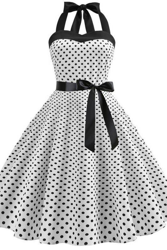 CWDHL01133_POLKA DOT OFF-THE-SHOULDER HALTERNECK DRESS