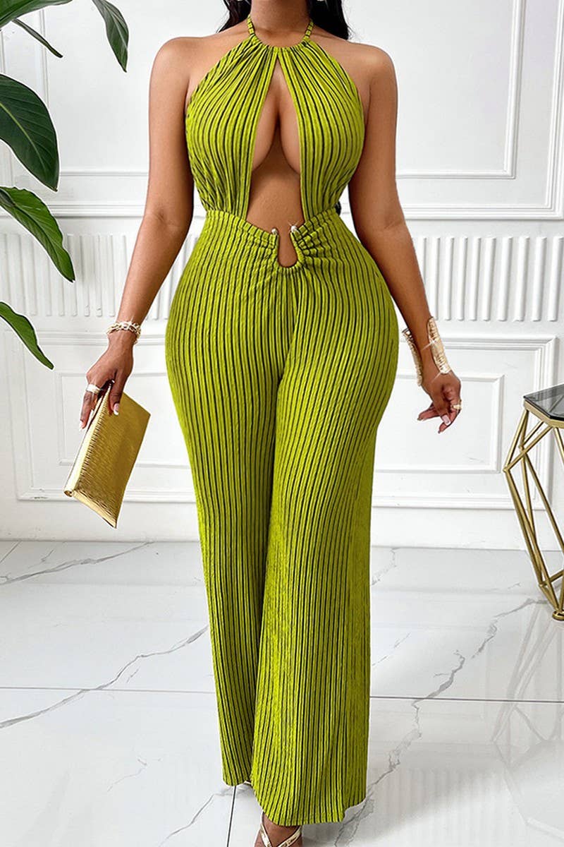 CWSJS1341_SEXY STRIPED HALTERNECK HOLLOW WAIST JUMPSUIT