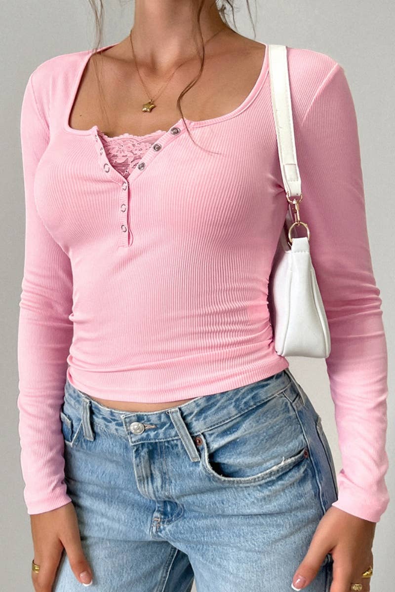 CWTBLL2263_FALL LACE U-NECK LONG-SLEEVED SLIM-FIT TOP