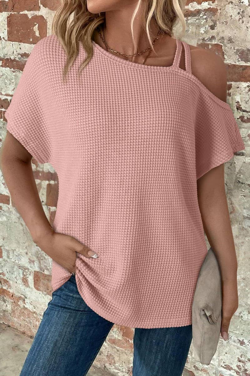 CWTBLS1617_SOLID COLOR OFF-SHOULDER SHORT-SLEEVED KNIT TOP