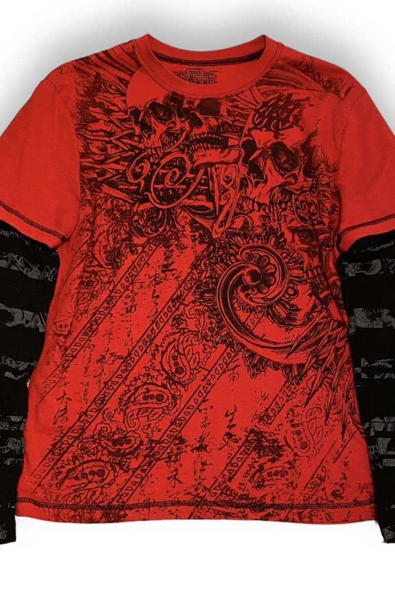 CWTBLL3163_ROUND NECK FAKE TWO PIECE PATCHWORK PRINTED TOP