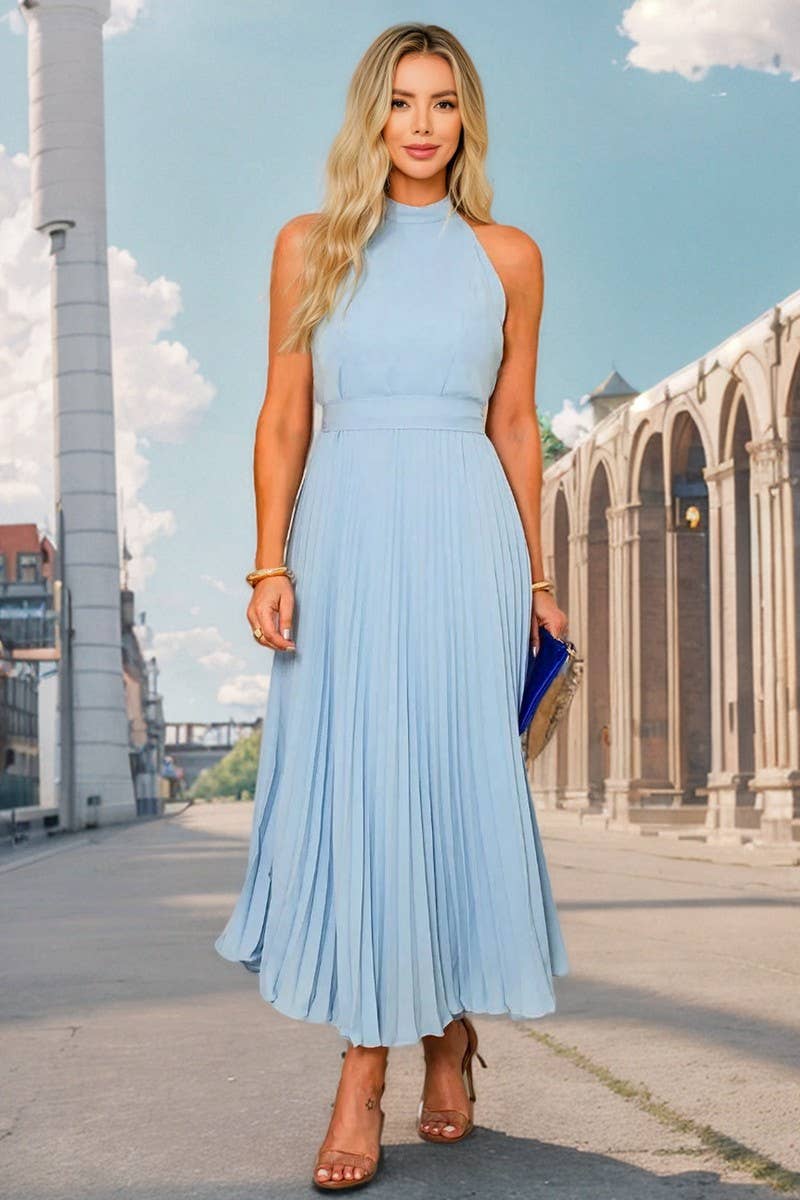 CWDMD6199_SLEEVELESS PLEATED HIGH NECK PARTY DRESS