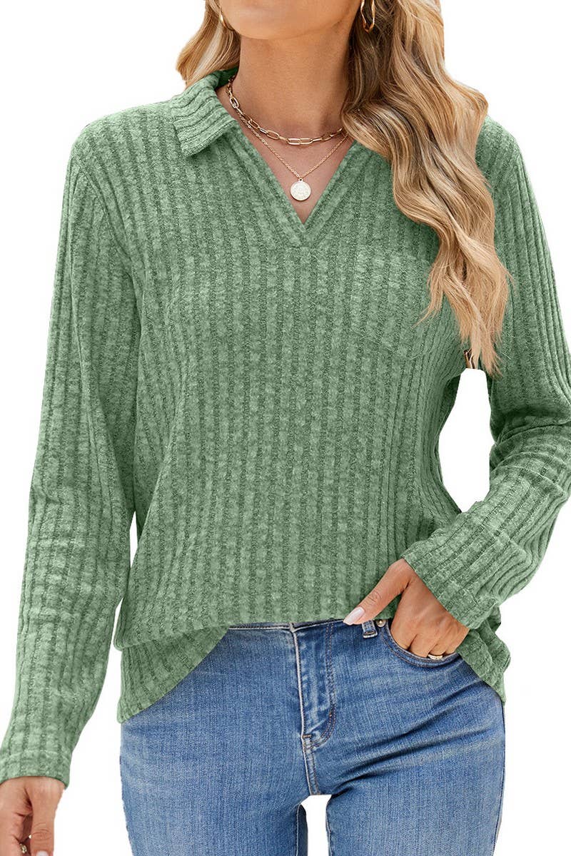 CWTBLL01314_RIBBED KNIT POLO LONG SLEEVE LOOSE TEE