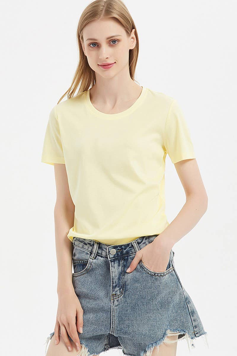 CWTTS1040_SOLID COLOR CASUAL ROUND NECK WOMEN T-SHIRT
