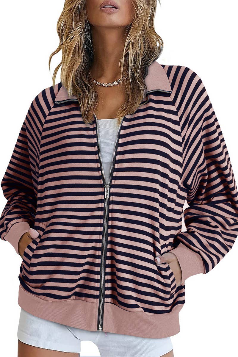 CWOCO0892_CASUAL STRIPED LAPEL CONTRAST ZIPPER SWEATSHIRT