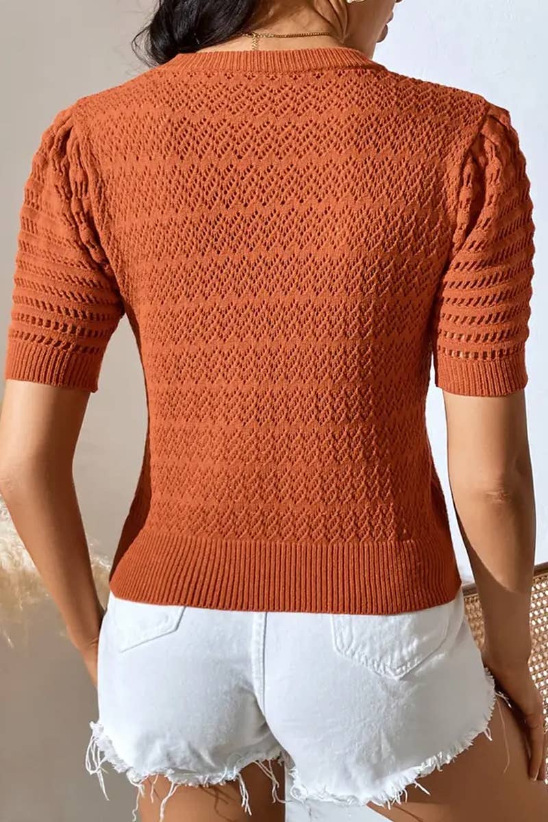 CWTBLS1766_SPRING AND SUMMER HOLLOW SOLID COLOR PULLOVER TOP