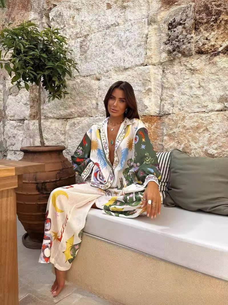 Fashionable printed macaron long sleeve shirt set