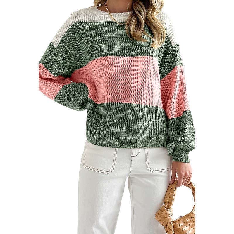 COLOR CONTRAST PATCHWORK LOOSE CREW NECK SWEATER
