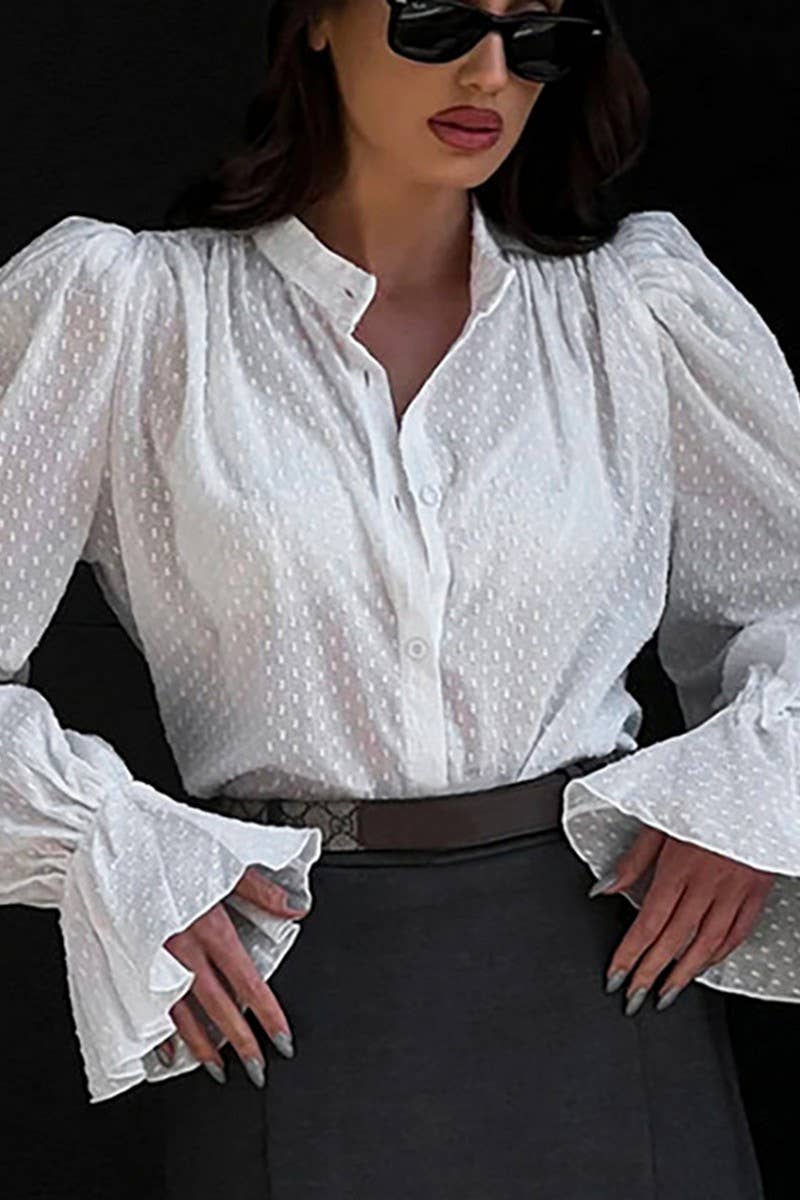 CWTSTL2591_SOLID JACQUARD BUTTON PUFF SLEEVE SHIRT