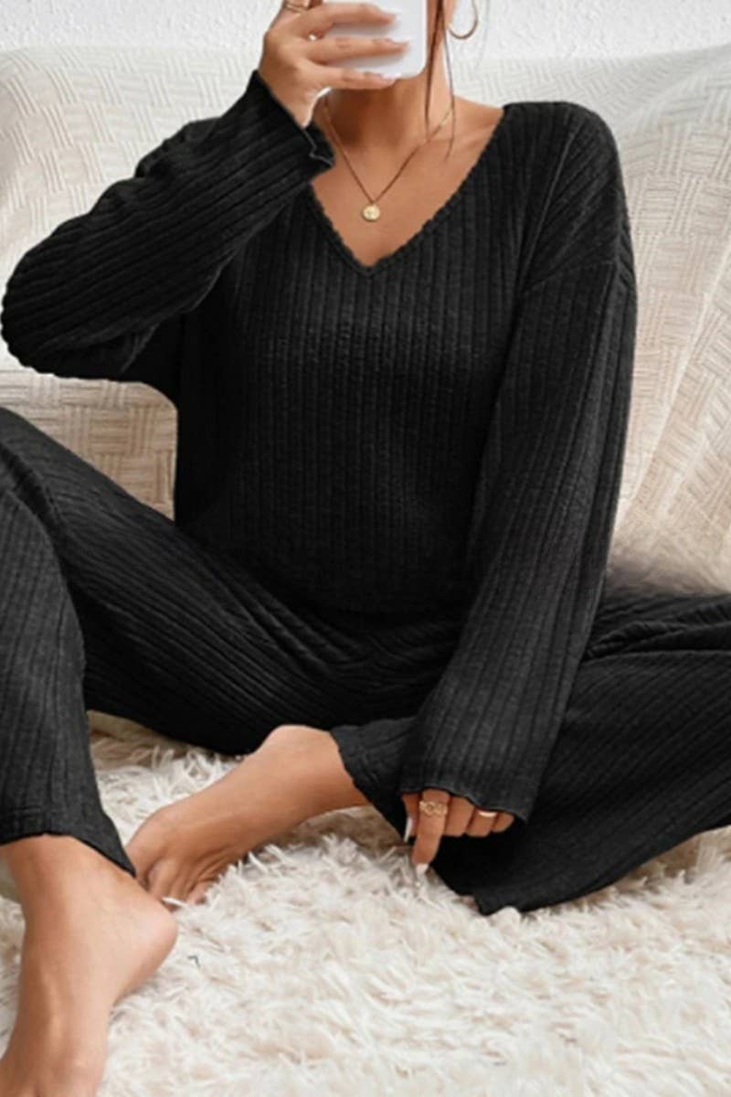 CWSTB1320_V-NECK CASUAL RIBBED BRUSHED LONG-SLEEVED SUIT