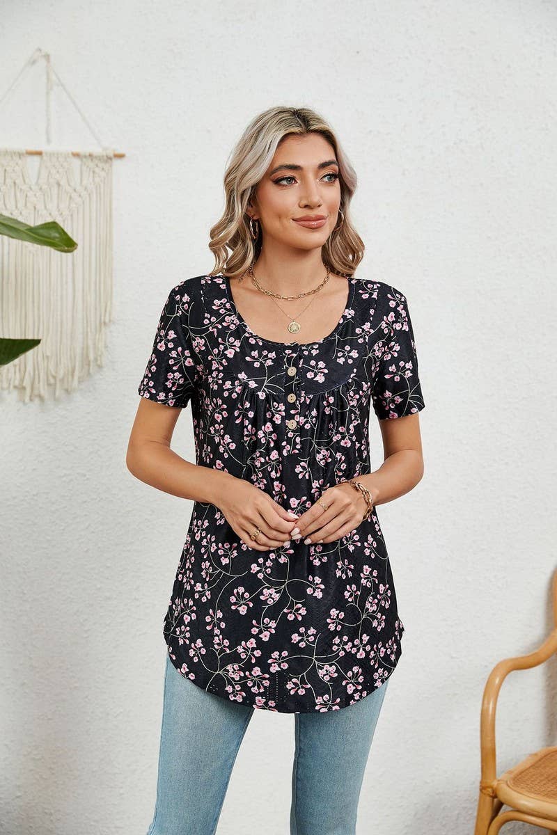CWTBLS0850_BUTTON PRINT FLORAL SHORT SLEEVE BAGGY TOP