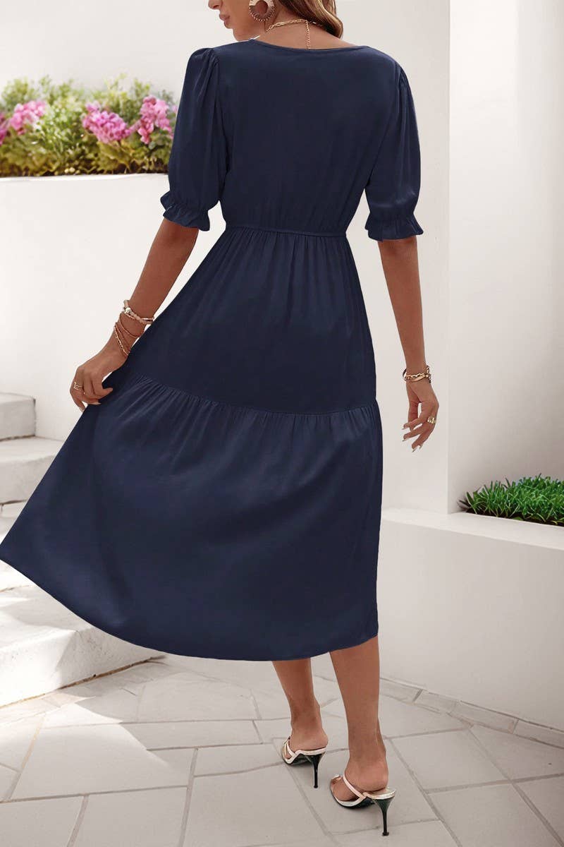 CWDMD5783_CASUAL RUCHED PUFF SLEEVE V-NECK SOLID DRESS