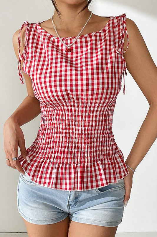 CWBLP2060_TEMPERAMENT PLAID SUSPENDER DRAWSTRING TOP