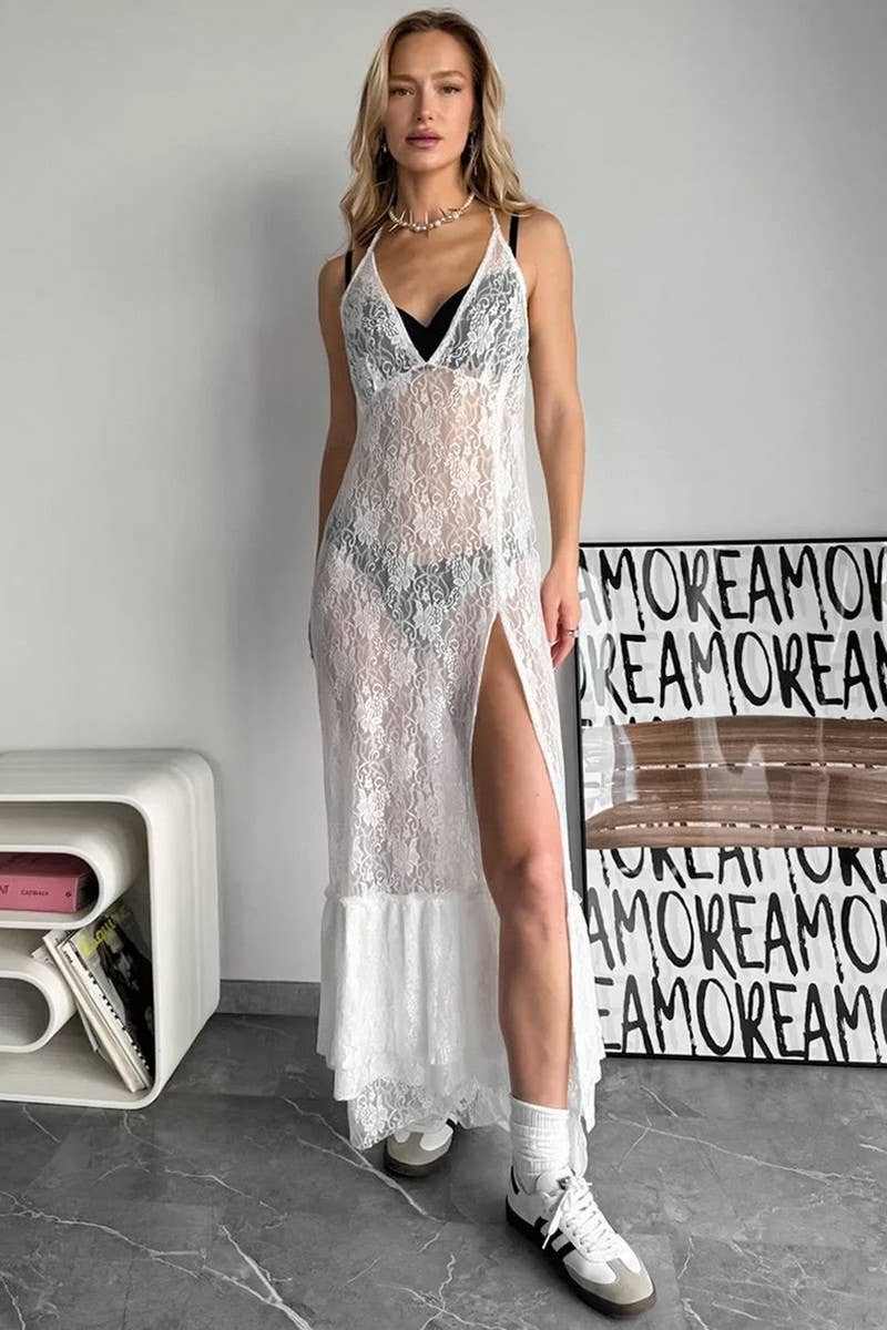 CWDMD955_SHEER LACE V-NECK SLIT SUSPENDER DRESS