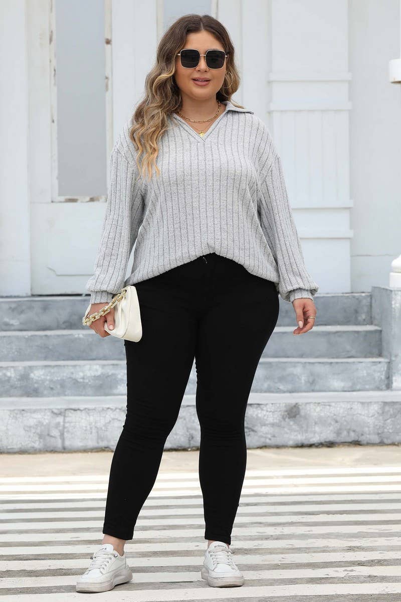 CWTTL1312_PLUS Size Casual Foldover Collar Knit Pullover Top