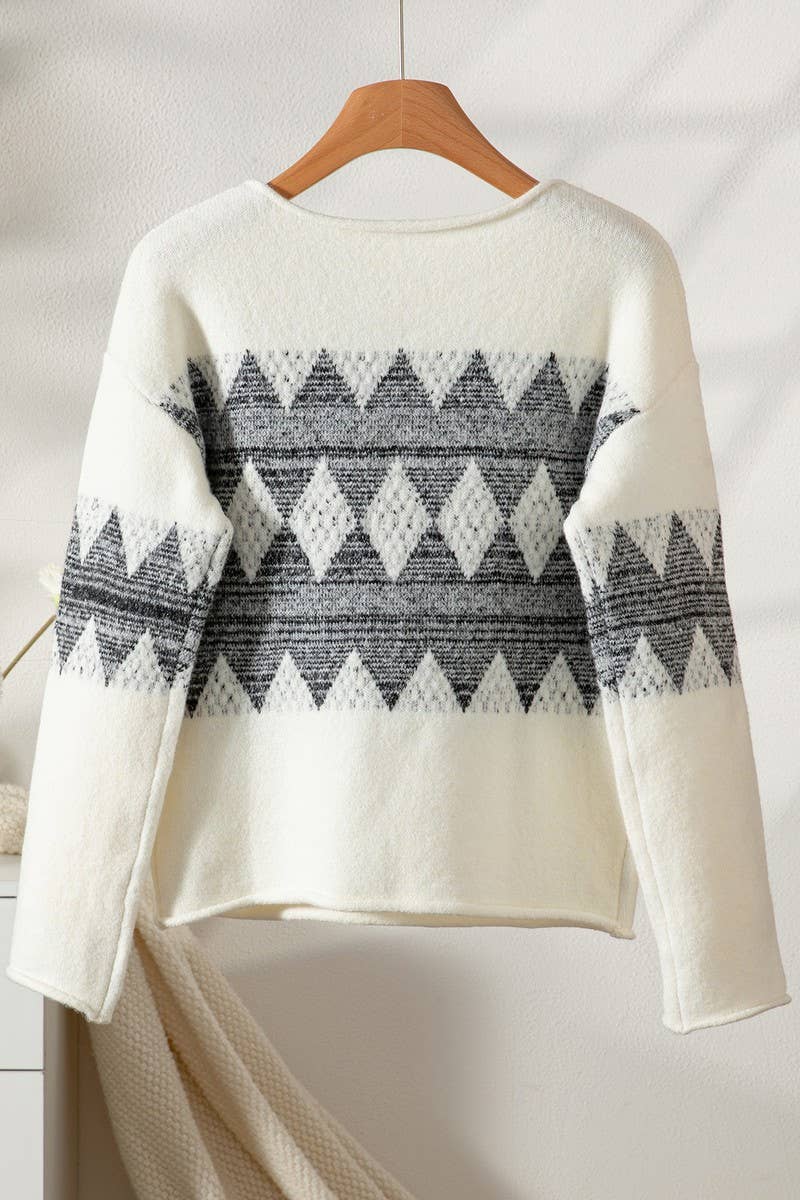 CWOSWL07460_OFF SHOULDER COLORBLOCK ARGYLE KNIT SWEATER